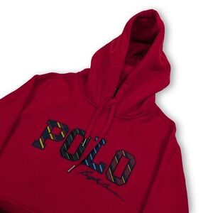 Polo Ralph Lauren Signature Striped Logo Hoodie Mens Medium Red Preppy Casual